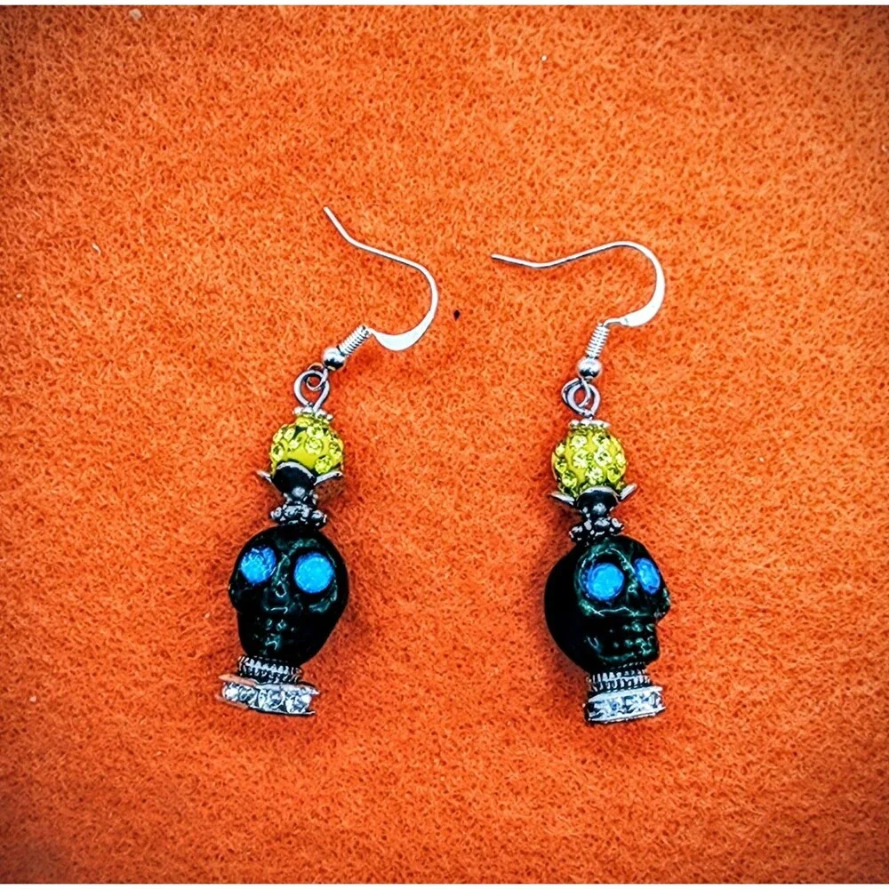 Dark green Skull Day of the Dead Dia de Muertos Dangle Earrings Halloween  Women